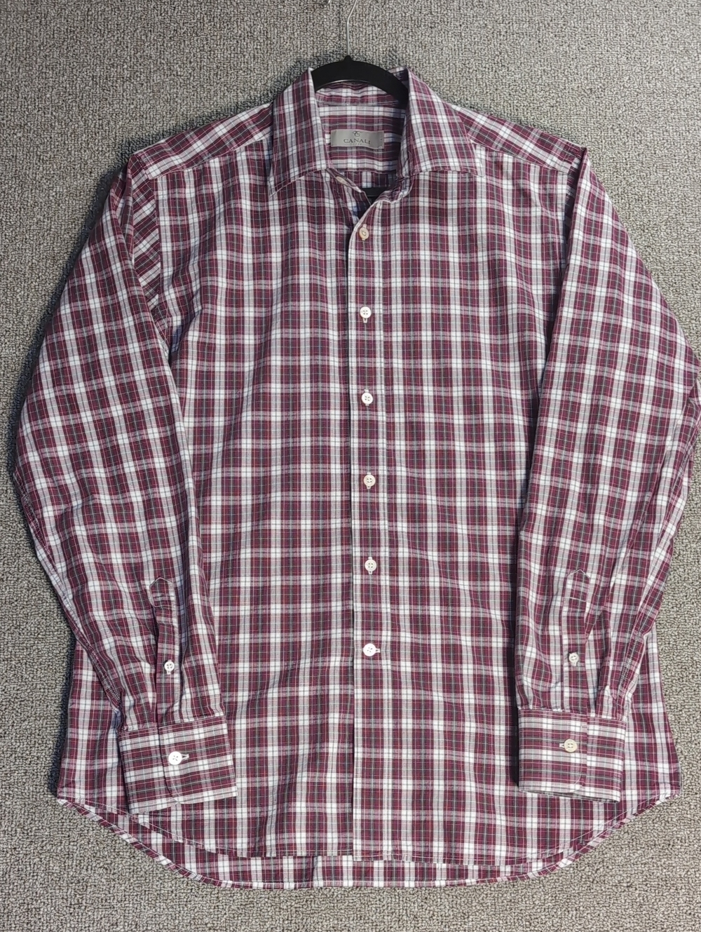 Canali 1934 Mens Large Burgundy Plaid Cotton Shirt Italy MOP Buttons